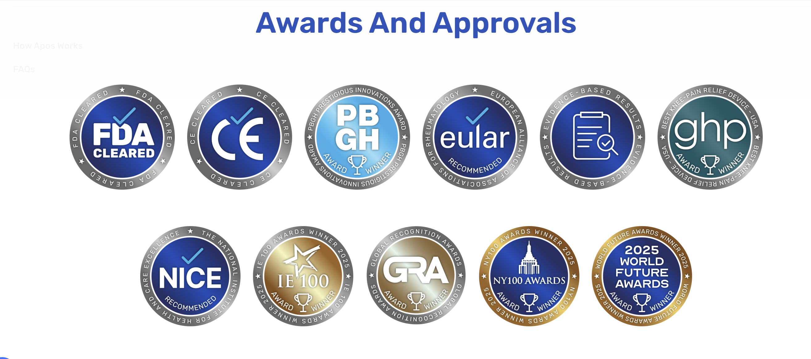 AposHealth awards and approvals badges including FDA cleared, CE, PB GH, EULAR, NICE, Global Recognition Awards, NY100 Awards, and World Future Awards.